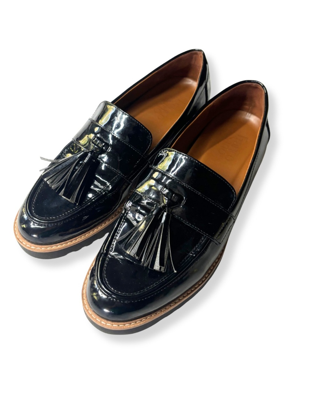 Franco Sarto Carolynn Black Patent Tassel Lug Sole Loafers 9M